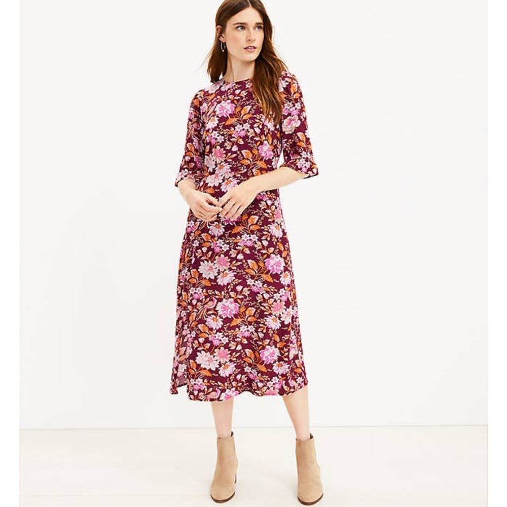 LOFT OetitesBurgundy‎ Floral short Ruffle Sleeves midi Dress Sz 16P